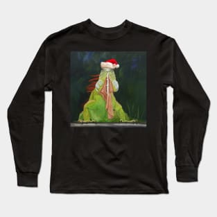 Green Iguana in Santa Hat Long Sleeve T-Shirt